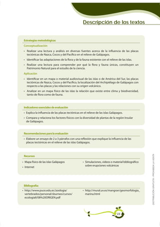 Descripción de los textos


Estrategias metodológicas
Conceptualización

  tectónicas de Nazca, Cocos y del Pacífico en el relieve de Galápagos.



  Patrimonio Natural para el estudio de la ciencia.
Aplicación



  respecto a las placas y las relaciones con su origen volcánico.

  tanto de flora como de fauna.



Indicadores esenciales de evaluación
  Explica la influencia de las placas tectónicas en el relieve de las islas Galápagos.
  Compara y relaciona los factores físicos con la diversidad de plantas de la región Insular
  de Galápagos.



Recomendaciones para la evaluación
  Elabore un ensayo de 2 a 3 párrafos con una reflexión que explique la influencia de las
  placas tectónicas en el relieve de las islas Galápagos.


                                                                                                     DISTRIBUCIÓN GRATUITA - PROHIBIDA LA VENTA
Recursos
Mapa físico de las islas Galápagos                   Simulaciones, videos o material bibliográfico
                                                     sobre erupciones volcánicas
Internet




Bibliografía:

vertebrados/personal/sburneo/cursos/




                                                                                 23
 