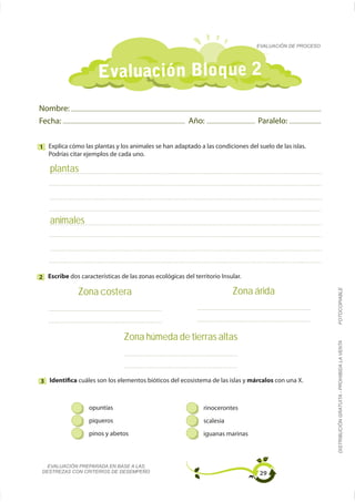 EVALUACIÓN DE PROCESO




                      Evaluación Bloque 2
Nombre:
Fecha:                                                  Año:                    Paralelo:


1
    Podrías citar ejemplos de cada uno.

    plantas




    animales




2 Escribe dos características de las zonas ecológicas del territorio Insular.

              Zona costera                                               Zona árida



                                Zona húmeda de tierras altas                                            FOTOCOPIABLE
                                                                                                        DISTRIBUCIÓN GRATUITA - PROHIBIDA LA VENTA




3 Identifica cuáles son los elementos bióticos del ecosistema de las islas y márcalos con una X.



                   opuntías                                   rinocerontes
                   piqueros                                   scalesia
                   pinos y abetos                             iguanas marinas



   EVALUACIÓN PREPARADA EN BASE A LAS
 DESTREZAS CON CRITERIOS DE DESEMPEÑO                                           29
 