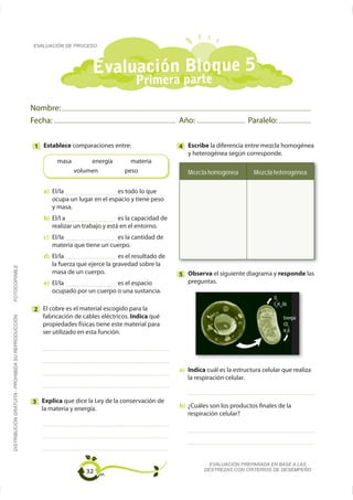EVALUACIÓN DE PROCESO




                                                                         Evaluación Bloque 5
                                                                                          Primera parte

                                                    Nombre:
                                                    Fecha:                                               Año:                      Paralelo:


                                                    1 Establece comparaciones entre:                     4 Escribe la diferencia entre mezcla homogénea
                                                                                                           y heterogénea según corresponde.
                                                            masa        energía         materia
                                                                   volumen            peso                  Mezcla homogénea         Mezcla heterogénea

                                                       a) El/la                   es todo lo que
                                                          ocupa un lugar en el espacio y tiene peso
                                                          y masa.
                                                       b) El/l a                    es la capacidad de
                                                          realizar un trabajo y está en el entorno.
                                                       c) El/la                  es la cantidad de
                                                          materia que tiene un cuerpo.
                                                       d) El/la                     es el resultado de
                                                          la fuerza que ejerce la gravedad sobre la
FOTOCOPIABLE




                                                          masa de un cuerpo.                             5 Observa el siguiente diagrama y responde las
                                                       e) El/la                 es el espacio              preguntas.
                                                          ocupado por un cuerpo o una sustancia.
                                                                                                                                             O2
                                                                                                                                             C6H12O6
                                                    2 El cobre es el material escogido para la
                                                      fabricación de cables eléctricos. Indica qué                                                Energía
DISTRIBUCIÓN GRATUITA - PROHIBIDA SU REPRODUCCIÓN




                                                      propiedades físicas tiene este material para                                                CO2
                                                      ser utilizado en esta función.                                                              H2O




                                                                                                         a) Indica cuál es la estructura celular que realiza
                                                                                                            la respiración celular.


                                                    3 Explica que dice la Ley de la conservación de
                                                      la materia y energía.                              b) ¿Cuáles son los productos finales de la
                                                                                                            respiración celular?




                                                                                                                    EVALUACIÓN PREPARADA EN BASE A LAS
                                                                       32                                         DESTREZAS CON CRITERIOS DE DESEMPEÑO
 