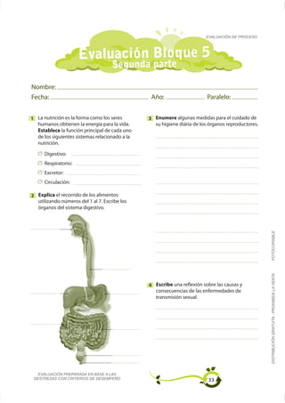 EVALUACIÓN DE PROCESO




                      Evaluación Bloque 5
                                     Segunda parte

Nombre:
Fecha:                                            Año:                     Paralelo:


1 La nutrición es la forma como los seres        3 Enumere algunas medidas para el cuidado de

   Establece la función principal de cada uno
   de los siguientes sistemas relacionado a la
   nutrición.

      Digestivo:
      Respiratorio:
      Excretor:
      Circulación:

2 Explica el recorrido de los alimentos
  utilizando números del 1 al 7. Escribe los
  órganos del sistema digestivo.




                                                                                                  FOTOCOPIABLE
                                                                                                  DISTRIBUCIÓN GRATUITA - PROHIBIDA LA VENTA


                                                 4 Escribe una reflexión sobre las causas y
                                                   consecuencias de las enfermedades de
                                                   transmisión sexual.




   EVALUACIÓN PREPARADA EN BASE A LAS
 DESTREZAS CON CRITERIOS DE DESEMPEÑO                                      33
 