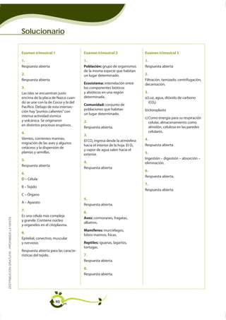 Solucionario

                                             Examen trimestral 1                   Examen trimestral 2                 Examen trimestral 3

                                             1.                                    1.                                  1.
                                             Respuesta abierta                     Población: grupo de organismos      Respuesta abierta

                                             2.                                    un lugar determinado.               2.
                                             Respuesta abierta                                                         Filtración, tamizado, centrifugación,
                                                                                   Ecosistema: interrelación entre     decantación.
                                             3.                                    los componentes bióticos
                                             Las islas se encuentran justo         y abióticos en una región           3.
                                             encima de la placa de Nazca cuan-     determinada.
                                             do se une con la de Cocos y la del                                             (CO2
                                                                                   Comunidad: conjunto de
                                             Pacífico. Debajo de esta intersec-
                                                                                   un lugar determinado.
                                             intensa actividad sísmica
                                             y volcánica. Se originaron            2.                                       celular, almacenamiento como
                                             en distintos procesos eruptivos.
                                                                                   Respuesta abierta.                       almidón, celulosa en las paredes
                                             4.                                                                             celulares.
                                                                                   3.
                                             Vientos, corrientes marinas,                                              4.
                                                                                   El CO2 ingresa desde la atmósfera
                                             migración de las aves y algunos
                                                                                                                  2    Respuesta abierta
                                             cetáceos y la dispersión de
                                             plantas y semillas.                                                       5.
                                                                                   exterior.
                                             5.
                                                                                   4.                                  eliminación.
                                             Respuesta abierta
                                                                                   Respuesta abierta
                                                                                                                       6.
                                             6.
                                                                                                                       Respuesta abierta.

                                                                                                                       7.
                                                                                                                       Respuesta abierta

                                                                                   5.
                                                                                   Respuesta abierta.
                                             7.
                                                                                   6.
                                             Es una célula más compleja
                                                                                   Aves: cormoranes, fragatas,
DISTRIBUCIÓN GRATUITA - PROHIBIDA LA VENTA




                                             y grande. Contiene núcleo
                                                                                   albatros.
                                             y organelos en el citoplasma.
                                                                                   Mamíferos: murciélagos,
                                             8.
                                                                                   lobos marinos, focas.
                                             Epitelial, conectivo, muscular
                                             y nervioso.                           Reptiles: iguanas, lagartos,
                                                                                   tortugas.
                                             Respuesta abierta para las caracte-
                                             rísticas del tejido.                  7.
                                                                                   Respuesta abierta.

                                                                                   8.
                                                                                   Respuesta abierta.




                                                                   40
 