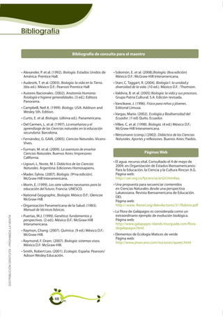 Bibliografía


                                                                                 Bibliografía de consulta para el maestro



                                                                          Biología. Estados Unidos de                             Biología.
                                             América: Prentice Hall.                                       México D.F.: McGraw-Hill Interamericana.
                                                               .         Biología: la vida en la Tierra.                                Biología1: la unidad y
                                                                                                           diversidad de la vida.
                                                                   (       Anatomía Humana:                                        Biología: la vida y sus procesos.
                                             fisiología e higiene generalidades                            Grupo Patria Cultural, S.A. Edición revisada.
                                             Panorama.
                                                                                                                                Física para niños y jóvenes.
                                                                         Biology. USA: Addison and         Editorial Limusa.
                                                                                                                                    Ecología y Biodiversidad del
                                                            . Biología                                     Ecuador
                                                                          La enseñanza y el                                   Biología.
                                             aprendizaje de las Ciencias naturales en la educación         McGraw-Hill Interamericana.
                                             secundaria. Barcelona.
                                                                                                                                        Didáctica de las Ciencias
                                                                            Ciencias Naturales. Vicens-    Naturales. Aportes y reflexiones. Buenos Aires: Paidós.
                                             Vives.
                                                                     La aventura de enseñar
                                             Ciencias Naturales. Buenos Aires: Impresores                                      Páginas Web
                                             California.
                                                                   Didáctica de las Ciencias
                                                                                                           2009, en Organización de Estados Iberoamericanos:
                                             Naturales. Argentina: Ediciones Homosapiens.
                                                                                                           Para la Educación, la Ciencia y la Cultura Rincon A.G.
                                                                Biología.                                  Página web:
                                             McGraw-Hill Interamericana.
                                                              Los siete saberes necesarios para la
                                             educación del futuro. Francia: UNESCO.                        en Ciencias Naturales desde una perspectiva
                                                                      Biología. México D.F.: Glencoe       OEI.
                                             McGraw-Hill.                                                  Página web:

                                             Manual de técnicas básicas.
                                                                   ). Genética: fundamentos y              extraordinario ejemplo de evolución biológica.
DISTRIBUCIÓN GRATUITA - PROHIBIDA LA VENTA




                                             perspectivas                                                  Página web:
                                             Interamericana.
                                                                         Química
                                             McGraw-Hill.
                                                                                                           Página web:
                                                                           Biología: sistemas vivos.
                                             México D.F: McGraw-Hill.
                                                                           Ecología. España: Pearson/
                                             Adison Wesley Educación.




                                                                    48
 