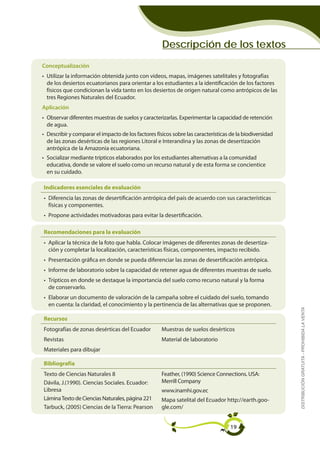Descripción de los textos
Conceptualización
• Utilizar la información obtenida junto con videos, mapas, imágenes satelitales y fotografías
  de los desiertos ecuatorianos para orientar a los estudiantes a la identificación de los factores
  físicos que condicionan la vida tanto en los desiertos de origen natural como antrópicos de las
  tres Regiones Naturales del Ecuador.
Aplicación
• Observar diferentes muestras de suelos y caracterizarlas. Experimentar la capacidad de retención
  de agua.
• Describir y comparar el impacto de los factores físicos sobre las características de la biodiversidad
  de las zonas desérticas de las regiones Litoral e Interandina y las zonas de desertización
  antrópica de la Amazonia ecuatoriana.
• Socializar mediante trípticos elaborados por los estudiantes alternativas a la comunidad
  educativa, donde se valore el suelo como un recurso natural y de esta forma se concientice
  en su cuidado.

Indicadores esenciales de evaluación
• Diferencia las zonas de desertificación antrópica del país de acuerdo con sus características
  físicas y componentes.
• Propone actividades motivadoras para evitar la desertificación.

Recomendaciones para la evaluación
• Aplicar la técnica de la foto que habla. Colocar imágenes de diferentes zonas de desertiza-
  ción y completar la localización, características físicas, componentes, impacto recibido.
• Presentación gráfica en donde se pueda diferenciar las zonas de desertificación antrópica.
• Informe de laboratorio sobre la capacidad de retener agua de diferentes muestras de suelo.
• Trípticos en donde se destaque la importancia del suelo como recurso natural y la forma
  de conservarlo.
• Elaborar un documento de valoración de la campaña sobre el cuidado del suelo, tomando
  en cuenta: la claridad, el conocimiento y la pertinencia de las alternativas que se proponen.           DISTRIBUCIÓN GRATUITA - PROHIBIDA LA VENTA


Recursos
Fotografías de zonas desérticas del Ecuador          Muestras de suelos desérticos
Revistas                                             Material de laboratorio
Materiales para dibujar

Bibliografía
Texto de Ciencias Naturales 8                        Feather, (1990) Science Connections. USA:
Dávila, J.(1990). Ciencias Sociales. Ecuador:        Merrill Company
Libresa                                              www.inamhi.gov.ec
Lámina Texto de Ciencias Naturales, página 221       Mapa satelital del Ecuador http://earth.goo-
Tarbuck, (2005) Ciencias de la Tierra: Pearson       gle.com/


                                                                                   19
 