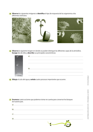 4 Observa las siguientes imágenes e identifica el tipo de respuesta de los organismos a los
  diferentes estímulos:




5 Observa la siguiente imagen en donde se pueden distinguir las diferentes capas de la atmósfera.
  Escoge dos de ellas y describe sus principales características:
                         a)




                         b)




                                                                                                    FOTOCOPIABLE
6 Dibuja el ciclo del agua y señala cuatro procesos importantes que ocurren.



                                                                                                    DISTRIBUCIÓN GRATUITA - PROHIBIDA LA VENTA




7 Enumera cuatro acciones que podemos tomar en cuenta para conservar los bosques
  de nuestro país.
   a)

   b)

   c)

   d)


                                                                               27
 