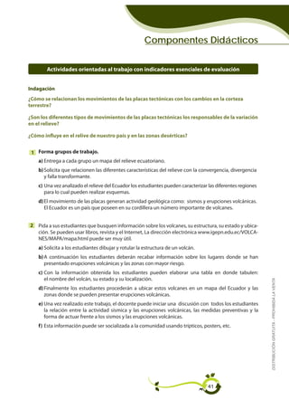 Componentes Didácticos


        Actividades orientadas al trabajo con indicadores esenciales de evaluación


Indagación
¿Cómo se relacionan los movimientos de las placas tectónicas con los cambios en la corteza
terrestre?

¿Son los diferentes tipos de movimientos de las placas tectónicas los responsables de la variación
en el relieve?

¿Cómo influye en el relive de nuestro país y en las zonas desérticas?


 1 Forma grupos de trabajo.
    a) Entrega a cada grupo un mapa del relieve ecuatoriano.
    b) Solicita que relacionen las diferentes características del relieve con la convergencia, divergencia
       y falla transformante.
    c) Una vez analizado el relieve del Ecuador los estudiantes pueden caracterizar las diferentes regiones
       para lo cual pueden realizar esquemas.
    d) El movimiento de las placas generan actividad geológica como: sismos y erupciones volcánicas.
       El Ecuador es un país que poseen en su cordillera un número importante de volcanes.


2 Pida a sus estudiantes que busquen información sobre los volcanes, su estructura, su estado y ubica-
  ción. Se pueden usar libros, revista y el Internet, La dirección electrónica www.igepn.edu.ec/VOLCA-
  NES/MAPA/mapa.html puede ser muy útil.
    a) Solicita a los estudiantes dibujar y rotular la estructura de un volcán.
    b) A continuación los estudiantes deberán recabar información sobre los lugares donde se han
       presentado erupciones volcánicas y las zonas con mayor riesgo.
    c) Con la información obtenida los estudiantes pueden elaborar una tabla en donde tabulen:
       el nombre del volcán, su estado y su localización.
                                                                                                              DISTRIBUCIÓN GRATUITA - PROHIBIDA LA VENTA


    d) Finalmente los estudiantes procederán a ubicar estos volcanes en un mapa del Ecuador y las
       zonas donde se pueden presentar erupciones volcánicas.
    e) Una vez realizado este trabajo, el docente puede iniciar una discusión con todos los estudiantes
       la relación entre la actividad sísmica y las erupciones volcánicas, las medidas preventivas y la
       forma de actuar frente a los sismos y las erupciones volcánicas.
    f) Esta información puede ser socializada a la comunidad usando trípticos, posters, etc.




                                                                                   41
 