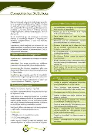 Componentes Didácticos

                                             El proyecto de aula activa tanto las destrezas generales
                                             como las propias de cada disciplina. Propicia el trabajo        ¿Cuál es el perfil del maestro que trabaja con proyectos?
                                             en equipo, la toma de decisiones, el 'aprender a apren-
                                             der', la capacidad de negociación, y el trabajo con un      •      Reconoce que el estudiante es el protagonista
                                             propósito y una visión. Pone en evidencia y relieva,               en el proceso de aprendizaje.
                                             la adquisición de las destrezas de la disciplina clave en   •      Acepta que no es el poseedor de la verdad
                                             el proyecto.                                                       ni de todo el conocimiento.
                                             No se recomienda que se constituya en el único              •      Tiene mente abierta, es capaz de romper
                                             método de aprendizaje; más bien se propone como                    los esquemas.
                                             elemento complementario a otros más formales                •      Reconoce que el conocimiento proviene
                                             y sistemáticos.                                                    también de fuentes no convencionales.
                                             Los maestros deben elegir en qué momento del año            •      Es capaz de aceptar que la vida actual exige
                                             deben desarrollar un proyecto con sus alumnos, lo que              de las personas conocimientos que no se
                                             depende, en gran medida, de la edad, el tema y la acti-            imparten en la escuela.
                                             tud emocional del grupo.                                    •      Es capaz de hacer ver a los alumnos conexiones
                                                                                                                que no son evidentes.
                                               Criterios para la selección de proyectos:
                                                                                                         •      Es visionario, flexible y capaz de aceptar la
                                             Significativos: Que ayuden al estudiante a comprender              incertidumbre.
                                             la realidad.                                                •      Puede compartir su tarea como mediador con
                                             Relevantes: Que tengan conexión con problemas                      otros actuantes: padres de familia, comunidad,
                                             o asuntos importantes de la vida de los estudiantes.               medios, etc.
                                                                                                         •      Puede predecir si lo que aprenden sus alumnos
                                             Interesantes: Que interesen y apasionen a los estu-                les ayudará efectivamente para desenvolverse
                                             diantes hasta el punto de comprometerles activamente               en la vida.
                                             en el aprendizaje.
                                             Desafiantes: Que tengan la capacidad de extender los
                                             conocimientos y experiencias previas de los estudiantes
                                                                                                             Aprendizajes emocionales que se desarrollan por
                                             Coherentes: Que tengan sentido como un todo, y que                     medio del trabajo por proyectos
                                             sus conexiones sean evidentes y explícitas.
                                                                                                         •      Enseña a negociar habilidades personales:
                                               Evaluación de los proyectos                                      'yo hago mejor esto, tú el otro trabajo'
                                                                                                         •      Ofrece destrezas para sobrevivir: ¿dónde
                                             Utilice un mecanismo objetivo e imparcial.                         encuentro la información? ¿qué recursos uso?
                                             Recuerde que debe focalizarse en el proceso más que         •      Enseña a compartir el éxito: 'juntos lo hicimos'.
DISTRIBUCIÓN GRATUITA - PROHIBIDA LA VENTA




                                             en el producto final.
                                                                                                         •      Enseña a trabajar por metas: 'tenemos que
                                             Antes de iniciar el trabajo por proyectos, el profesor             lograr un resultado'.
                                             debe proveer a los estudiantes de una plantilla de eva-
                                             luación que les permita conocer los criterios con los       •      Enseña a trabajar a presión: 'no tenemos
                                             que va a ser evaluado su trabajo y planificar su esfuerzo          mucho tiempo, pero hay que lograrlo'.
                                             en función del resultado que quieren obtener.               •      Fomenta la persistencia: 'si nos equivocamos,
                                                                                                                no importa, volvemos a intentarlo'.
                                             Los criterios deben organizarse en orden de importancia
                                             y explicitar los estándares de desempeño.                   •      Ayuda a comprender que existen puntos
                                                                                                                de vista distintos: 'no había pensado en que
                                             Por ejemplo:                                                       puede hacerse de esa manera'.
                                             1. Utiliza fuentes directas de información.                 •      Propicia la curiosidad: 'investiguemos para ver
                                             2. Cita fuentes bibliográficas.                                    qué sucede'.
                                                                                                         •      Entrena a tomar decisiones en grupo: 'juntos lo
                                             Si bien algunos criterios pueden ser comunes, otros
                                                                                                                decidimos'.
                                             pueden negociarse de acuerdo con el tipo de proyecto.



                                                                   46
 