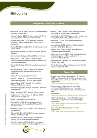 Bibliografía


                                                                                   Bibliografía de consulta para el maestro



                                             • Alexander, P. et al. (1992). Biología. Estados Unidos de      • Unesco. (1999). Los siete saberes necesarios para la
                                               América: Prentice Hall.                                         educación del futuro. Francia. Edgar Morín
                                             • Audesirk, T. et al. (2003). Biología: la vida en la Tierra.   • Valdivia, B. et al. (2005) Biología: la vida y sus procesos.
                                               (6ta ed.). México D.F.: Pearson Prentice Hall                   Grupo Patria Cultural, S.A. Edición revisada.
                                             • Autores Nacionales. (2002). Anatomía Humana:                  • Vancleave, J. (1996). Física para niños y jóvenes.
                                               fisiología e higiene generalidades. (3 ed.). Editora            Editorial Limusa.
                                               Panorama.
                                                                                                             • Vargas, Mario. (2002). Ecología y Biodiversidad del
                                             • Cultural de Ediciones, S.A. Atlas de Botánica, El mundo         Ecuador. (1 ed) Quito. Ecuador.
                                               de las planta.
                                                                                                             • Villee, C. et al. (1998). Biología. (4 ed.) México D.F.:
                                             • Cultural de Ediciones, S.A. Atlas de Ecología, Nuestro          McGraw-Hill Interamericana.
                                               Planeta.
                                                                                                             • Weissmann (comp.) (2002). Didáctica de las Ciencias
                                             • Curtis, E. et al. Biología. (última ed.). Panamericana.         Naturales. Aportes y reflexiones. Buenos Aires-
                                                                                                               Barcelona-México: Paidos.
                                             • Del Carmen, L. et al. (1997). La enseñanza y el
                                               aprendizaje de las Ciencias naturales en la educación         • Campbell, Neil A, Biology, 5th. Edition, Addison and
                                               secundaria. Barcelona.                                          Wesley, USA, 1999
                                             • Fernández, G. Gaia, (2005). Ciencias Naturales. Vicens-       • Smith, Robert Leo, Ecología, Pearson/Adison Wesley
                                               Vives.                                                          Educación, España, 2001.
                                             • Furman, M. et al. (2009). La aventura de enseñar
                                               Ciencias Naturales. Buenos Aires: Impresores
                                                                                                                                    Páginas Web
                                               California.
                                             • López, R. Enseñanza de las Ciencias 8.                        • El agua: recurso vital. Consultado el 4 de mayo de
                                             • Ligouri, L. Noste, M. I. Didáctica de las Ciencias              2009, en Organización de Estados Iberoamericanos:
                                               Naturales. Argentina: Ediciones Homosapiens.                    Para la Educación, la Ciencia y la Cultura Rincon A.G.
                                                                                                               Página web:
                                             • Mader, Sylvia. (2007). Biología. (9ºna edición).                http://.oei.org.co/fpciencia/art20.htm#aa.
                                               McGraw-Hill Interamericana.
                                                                                                             • Una propuesta para secuenciar contenidos
                                             • National Geographic. Biología. México D.F.: Glencoe             en Ciencias Naturales desde una perspectiva
                                               McGraw-Hill.                                                    Lakatosiana. Revista Iberoamericana de Educación.
                                             • Oram, Raymond. (2007) Biología: sistemas vivos. c               OEI.
                                                                                                               Página web:
DISTRIBUCIÓN GRATUITA - PROHIBIDA LA VENTA




                                             • Organización Panamericana de la Salud. (1983).                  http://.www. Rieoei.org/deloslectores/317Rabino.pdf
                                               Manual de técnicas básicas.
                                                                                                             • La Flora de Galápagos es considerada como un
                                             • Otero, J. I. Enseñanza de las ciencias 7.                       extraordinario ejemplo de evolución biológica.
                                             • Puertas, M.J. (1999). Genética: fundamentos y                   Página web:
                                               perspectivas. (2 ed.). México D.F.: McGraw-Hill                 http://www.galapagos-islands-tourguide.com/flora-
                                               Interamericana.                                                 degalapagos.html

                                             • Raymon, Chang. (2007). Química. (9 ed.) México D.F.           • Elementos de Ecología Matices de verde
                                               McGraw-Hill.                                                    Página web:
                                                                                                               http://www.jmarcano.com/nociones/quees.html
                                             • Raymond, F. Oram. (2007). Biología: sistemas vivos.
                                               México D.F: McGraw-Hill.
                                             • Solomón, E. et al. (2008).Biología. (8va edición)
                                               México D.F.: McGraw-Hill Interamericana.
                                             • Starr, C. Taggart, R. (2004). Biología1: la unidad y
                                               diversidad de la vida. (10 ed.). México D.F. Thomson.


                                                                     48
 