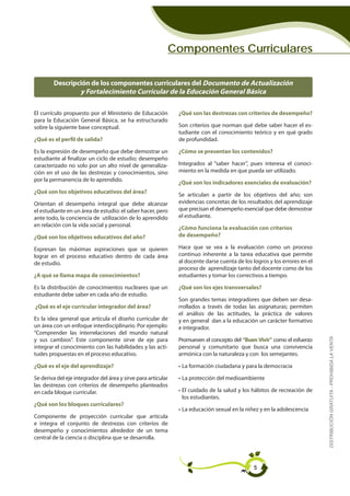 Componentes Curriculares

        Descripción de los componentes curriculares del Documento de Actualización
                y Fortalecimiento Curricular de la Educación General Básica

El currículo propuesto por el Ministerio de Educación          ¿Qué son las destrezas con criterios de desempeño?
para la Educación General Básica, se ha estructurado
sobre la siguiente base conceptual.                            Son criterios que norman qué debe saber hacer el es-
                                                               tudiante con el conocimiento teórico y en qué grado
¿Qué es el perfil de salida?                                   de profundidad.

Es la expresión de desempeño que debe demostrar un             ¿Cómo se presentan los contenidos?
estudiante al finalizar un ciclo de estudio; desempeño
caracterizado no solo por un alto nivel de generaliza-         Integrados al “saber hacer”, pues interesa el conoci-
ción en el uso de las destrezas y conocimientos, sino          miento en la medida en que pueda ser utilizado.
por la permanencia de lo aprendido.
                                                               ¿Qué son los indicadores esenciales de evaluación?
¿Qué son los objetivos educativos del área?
                                                               Se articulan a partir de los objetivos del año; son
Orientan el desempeño integral que debe alcanzar               evidencias concretas de los resultados del aprendizaje
el estudiante en un área de estudio: el saber hacer, pero      que precisan el desempeño esencial que debe demostrar
ante todo, la conciencia de utilización de lo aprendido        el estudiante.
en relación con la vida social y personal.
                                                               ¿Cómo funciona la evaluación con criterios
¿Qué son los objetivos educativos del año?                     de desempeño?

Expresan las máximas aspiraciones que se quieren               Hace que se vea a la evaluación como un proceso
lograr en el proceso educativo dentro de cada área             continuo inherente a la tarea educativa que permite
de estudio.                                                    al docente darse cuenta de los logros y los errores en el
                                                               proceso de aprendizaje tanto del docente como de los
¿A qué se llama mapa de conocimientos?                         estudiantes y tomar los correctivos a tiempo.

Es la distribución de conocimientos nucleares que un           ¿Qué son los ejes transversales?
estudiante debe saber en cada año de estudio.
                                                               Son grandes temas integradores que deben ser desa-
¿Qué es el eje curricular integrador del área?                 rrollados a través de todas las asignaturas; permiten
                                                               el análisis de las actitudes, la práctica de valores
Es la idea general que articula el diseño curricular de        y en general dan a la educación un carácter formativo
un área con un enfoque interdisciplinario. Por ejemplo:        e integrador.
“Comprender las interrelaciones del mundo natural                                                                          DISTRIBUCIÓN GRATUITA - PROHIBIDA LA VENTA
y sus cambios”. Este componente sirve de eje para              Promueven el concepto del “Buen Vivir” como el esfuerzo
integrar el conocimiento con las habilidades y las acti-       personal y comunitario que busca una convivencia
tudes propuestas en el proceso educativo.                      armónica con la naturaleza y con los semejantes.

¿Qué es el eje del aprendizaje?                                • La formación ciudadana y para la democracia

Se deriva del eje integrador del área y sirve para articular   • La protección del medioambiente
las destrezas con criterios de desempeño planteados
en cada bloque curricular.                                     • El cuidado de la salud y los hábitos de recreación de
                                                                 los estudiantes.
¿Qué son los bloques curriculares?
                                                               • La educación sexual en la niñez y en la adolescencia
Componente de proyección curricular que articula
e integra el conjunto de destrezas con criterios de
desempeño y conocimientos alrededor de un tema
central de la ciencia o disciplina que se desarrolla.




                                                                                              5
 