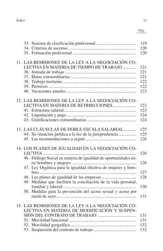 Índice                                                                                                  11




                                                                                                N
                                                                                              IÓ
                                                                                                            0Pág.0




                                                                                            AC
         	     33. Sistema de clasificación profesional..................................... 119
         	     34. Criterios de ascenso.............................................................. 120
         	     35.  Formación profesional.......................................................... 120




                                                                                      R
         11.	LAS REMISIONES DE LA LEY A LA NEGOCIACIÓN CO-




                                                                                   IG
             LECTIVA EN MATERIA DE TIEMPO DE TRABAJO.............                                               121
         	 36. Jornada de trabajo.................................................................              121




                                                                           NM
         	 37.  Horas extraordinarias............................................................               121
         	 38. Trabajo nocturno...................................................................              122
         	 39. Permisos................................................................................         122
         	 40. Vacaciones anuales................................................................               123

         12.	LAS REMISIONES DE LA LEY A LA NEGOCIACIÓN CO-
             LECTIVA EN MATERIA DE RETRIBUCIONES.....................
                                                                     EI        .                                123
                                                               O
         	 41. Estructura salarial..................................................................            123
         	 42. Liquidación y pago...............................................................
                                     .                                                                          124
                                                         AJ

         	 43. Gratificaciones extraordinarias.............................................                     124

         13.	LAS CLÁUSULAS DE DOBLE ESCALA SALARIAL............ 125
                                                  AB



         	 44. Su situación jurídica a la luz de la jurisprudencia................. 125
         	 45. Las recomendaciones a seguir.............................................. 126
                                               .
                                           TR




         14.	LOS PLANES DE IGUALDAD EN LA NEGOCIACIÓN CO-
             LECTIVA.....................................................................................       126
         	 46. Diálogo Social en materia de igualdad de oportunidades en-
                                   DE




                 tre hombres y mujeres...........................................................               126
         	 47. Ley Orgánica para la igualdad efectiva de mujeres y hom-
                 bres........................................................................................   127
         	 48. Los planes de igualdad de las empresas................................                           128
                        RIO




         	 49. Medidas que faciliten la conciliación de la vida personal,
                 familiar y laboral...................................................................          130
         	 50. Medidas para la prevención del acoso sexual y acoso por
                 razón de sexo.........................................................................         131
                   TE




         15.	LAS REMISIONES DE LA LEY A LA NEGOCIACIÓN CO-
             LECTIVA EN MATERIA DE MODIFICACIÓN Y SUSPEN-
      NIS




             SIÓN DEL CONTRATO DE TRABAJO....................................                                   131
         	 51. Movilidad funcional..............................................................                131
         	 52. Movilidad geográfica............................................................                 132
         	 53. Suspensión del contrato de trabajo.......................................
                                                         .                                                      132
    MI




                                                         ÍNDICE


Guia negoc colec 10.indb 11                                                                                     4/3/10 14:25:59
 
