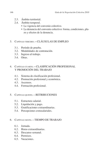 146                                           Guía de la Negociación Colectiva 2010




                                                                             N
                                                                           IÓ
                2.3.	   Ámbito territorial.
                2.4.	   Ámbito temporal.




                                                                         AC
                	       •  La vigencia del convenio colectivo.
                	       •  denuncia del convenio colectivo: forma, condiciones, pla-
                           La
                           zo y efectos de la denuncia.




                                                                     R
                                                                  IG
         3. Capítulo tercero.—CLÁUSULAS DE EMPLEO




                                                           NM
                3.1. Período de prueba.
                3.2. Modalidades de contratación.
                3.3. Ingreso al trabajo.
                3.4. Otras.
                                                        EI
                                                  O
         4. Capítulo cuarto.—CLASIFICACIÓN PROFESIONAL
             Y PROMOCIÓN DEL TRABAJO
                                               AJ


                4.1. Sistema de clasificación profesional.
                                         AB



                4.2. Promoción profesional y económica.
                4.3. Ascensos.
                4.4.  Formación profesional.
                                    TR




         5. Capítulo quinto.—RETRIBUCIONES
                               DE




                5.1. Estructura salarial.
                5.2. Liquidación y pago.
                5.3. Gratificaciones extraordinarias.
                        RIO




                5.4. Percepciones extrasalariales.


         6. Capítulo sexto.—TIEMPO DE TRABAJO
                  TE




                6.1. Jornada.
      NIS




                6.2.  Horas extraordinarias.
                6.3. Descanso semanal.
                6.4. Permisos.
                6.5. Vacaciones.
    MI




                                               ÍNDICE


Guia negoc colec 10.indb 146                                                            4/3/10 14:26:06
 