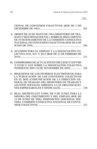 152                                                        Guía de la Negociación Colectiva 2010




                                                                                              N
                                                                                            IÓ
                                                                                                          0Pág.0




                                                                                          AC
                CIONAL DE CONVENIOS COLECTIVOS (BOE DE 2 DE
                DICIEMBRE DE 1983)............................................................... 201




                                                                                    R
           8. ORDEN DE 28 DE MAYO DE 1984 (MINISTERIO DE TRA-
              BAJO Y SEGURIDAD SOCIAL), SOBRE EL REGLAMENTO




                                                                                 IG
              DE FUNCIONAMIENTO DE LA COMISIÓN CONSULTIVA
              NACIONAL DE CONVENIOS COLECTIVOS (BOE DE 8 DE




                                                                         NM
              JUNIO DE 1984)......................................................................... 204

           9. ACUERDO PARA EL EMPLEO Y LA NEGOCIACIÓN CO-
              LECTIVA 2010, 2011 Y 2012 (boe de 22 de febrero de
                                                                   EI
              2010)............................................................................................ 211

         10. COMPROMISO DE ACTUACIÓN ENTRE CEOE Y CEPYME
                                                              O
             Y CCOO Y UGT SOBRE LA NEGOCIACIÓN COLECTIVA
             PENDIENTE 2009 (18 de noviembre de 2009)................ 228
                                                        AJ


         11. REQUISITOS DE LOS FICHEROS ELECTRÓNICOS PARA
             LA PUBLICACIÓN DE LOS CONVENIOS COLECTIVOS
                                                 AB



             EN EL BOE (COMUNICACIÓN DE LA DIRECCIÓN GE-
             NERAL DE TRABAJO, DEL MINISTERIO DE TRABAJO Y
             ASUNTOS SOCIALES, DIRIGIDA A LAS ORGANIZACIO-
                                           TR




             NES EMPRESARIALES Y SINDICALES)............................... 230

         12. REAL DECRETO-LEY 5/2006, DE 9 DE JUNIO, PARA LA
                                  DE




             MEJORA DEL CRECIMIENTO Y DEL EMPLEO (BOE DE
             14 DE JUNIO DE 2006): DISPOSICIÓN ADICIONAL SÉP-
             TIMA. COMISIÓN CONSULTIVA NACIONAL DE CONVE-
             NIOS COLECTIVOS.................................................................. 232
                        RIO
                  TE
      NIS
    MI




                                                        ÍNDICE


Guia negoc colec 10.indb 152                                                                                 4/3/10 14:26:06
 
