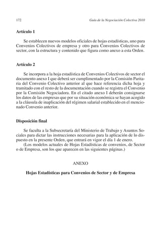 172                                       Guía de la Negociación Colectiva 2010




                                                                         N
                                                                       IÓ
         Artículo 1

             Se establecen nuevos modelos oficiales de hojas estadísticas, uno para




                                                                     AC
         Convenios Colectivos de empresa y otro para Convenios Colectivos de
         sector, con la estructura y contenido que figura como anexo a esta Orden.




                                                                 R
                                                              IG
         Artículo 2

              Se incorpora a la hoja estadística de Convenios Colectivos de sector el




                                                        NM
         documento anexo I que deberá ser cumplimentado por la Comisión Parita-
         ria del Convenio Colectivo anterior al que hace referencia dicha hoja y
         tramitado con el resto de la documentación cuando se registra el Convenio

                                                    EI
         por la Comisión Negociadora. En el citado anexo I deberán consignarse
         los datos de las empresas que por su situación económica se hayan acogido
         a la cláusula de inaplicación del régimen salarial establecido en el mencio-
         nado Convenio anterior.
                                               O
                                           AJ

         Disposición final
                                      AB



              Se faculta a la Subsecretaría del Ministerio de Trabajo y Asuntos So-
         ciales para dictar las instrucciones necesarias para la aplicación de lo dis-
         puesto en la presente Orden, que entrará en vigor el día 1 de enero.
                                 TR




              (Los modelos actuales de Hojas Estadísticas de convenios, de Sector
         o de Empresa, son los que aparecen en las siguientes páginas.)
                               DE




                                          ANEXO

                Hojas Estadísticas para Convenios de Sector y de Empresa
                       RIO
                 TE
      NIS
    MI




                                           ÍNDICE


Guia negoc colec 10.indb 172                                                        4/3/10 14:26:07
 