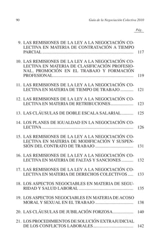 90                                                      Guía de la Negociación Colectiva 2010




                                                                                          N
                                                                                        IÓ
                                                                                                      0Pág.0




                                                                                      AC
           9. 	LAS REMISIONES DE LA LEY A LA NEGOCIACIÓN CO-
              LECTIVA EN MATERIA DE CONTRATACIÓN A TIEMPO
              PARCIAL..................................................................................... 117




                                                                                 R
         10.	LAS REMISIONES DE LA LEY A LA NEGOCIACIÓN CO-




                                                                              IG
             LECTIVA EN MATERIA DE CLASIFICACIÓN PROFESIO-
             NAL, PROMOCIÓN EN EL TRABAJO Y FORMACIÓN




                                                                      NM
             PROFESIONAL........................................................................... 119

         11.	LAS REMISIONES DE LA LEY A LA NEGOCIACIÓN CO-
             LECTIVA EN MATERIA DE TIEMPO DE TRABAJO............. 121

         12.	LAS REMISIONES DE LA LEY A LA NEGOCIACIÓN CO-      EI
             LECTIVA EN MATERIA DE RETRIBUCIONES..................... 123
                                                  .
                                                           O
         13.	LAS CLÁUSULAS DE DOBLE ESCALA SALARIAL............ 125
                                                      AJ


         14.	LOS PLANES DE IGUALDAD EN LA NEGOCIACIÓN CO-
             LECTIVA..................................................................................... 126
                                               AB



         15. 	LAS REMISIONES DE LA LEY A LA NEGOCIACIÓN CO-
             LECTIVA EN MATERIA DE MODIFICACIÓN Y SUSPEN-
                                         TR




             SIÓN DEL CONTRATO DE TRABAJO.................................... 131

         16.	LAS REMISIONES DE LA LEY A LA NEGOCIACIÓN CO-
                                 DE




             LECTIVA EN MATERIA DE FALTAS Y SANCIONES............ 132

         17.	LAS REMISIONES DE LA LEY A LA NEGOCIACIÓN CO-
             LECTIVA EN MATERIA DE DERECHOS COLECTIVOS...... 133
                       RIO




         18.	LOS ASPECTOS NEGOCIABLES EN MATERIA DE SEGU-
             RIDAD Y SALUD LABORAL................................................... 135
                 TE




         19.	LOS ASPECTOS NEGOCIABLES EN MATERIA DE ACOSO
             MORAL Y SEXUAL EN EL TRABAJO.................................... 138
      NIS




         20.	LAS CLÁUSULAS DE JUBILACIÓN FORZOSA. .................. 140
                                                .

         21.	LOS PROCEDIMIENTOS DE SOLUCIÓN EXTRAJUDICIAL
             DE LOS CONFLICTOS LABORALES. .................................... 142
                                          .
    MI




                                                      ÍNDICE

Guia negoc colec 10.indb 90                                                                              4/3/10 14:26:03
 