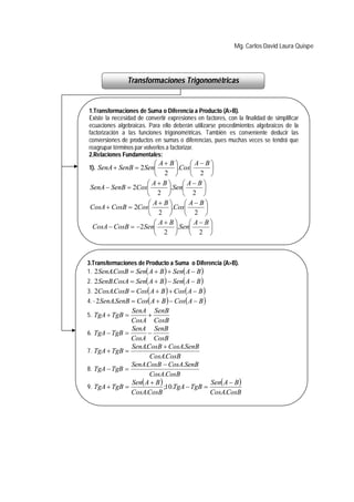 Mg. Carlos David Laura Quispe




                Transformaciones Trigonométricas


1.Transformaciones de Suma o Diferencia a Producto (A>B).
Existe la necesidad de convertir expresiones en factores, con la finalidad de simplificar
ecuaciones algebraicas. Para ello deberán utilizarse procedimientos algebraicos de la
factorización a las funciones trigonométricas. También es conveniente deducir las
conversiones de productos en sumas o diferencias, pues muchas veces se tendrá que
reagrupar términos par volverlos a factorizar.
2.Relaciones Fundamentales:
                     A B       A B
1). SenA  SenB  2 Sen   .Cos       
                     2          2 
                   A B      A B
SenA  SenB  2Cos     .Sen       
                   2         2 
                   A B       A B
CosA  CosB  2Cos      .Cos       
                   2          2 
                     A B       A B
 CosA  CosB  2Sen      .Sen       
                     2          2 



3.Transformaciones de Producto a Suma o Diferencia (A>B).
1. 2 SenA.CosB  Sen A  B   Sen A  B 
2. 2 SenB.CosA  Sen A  B   Sen A  B 
3. 2CosA.CosB  Cos A  B   Cos A  B 
4. - 2 SenA.SenB  Cos A  B   Cos A  B 
               SenA SenB
5. TgA  TgB        
               CosA CosB
               SenA SenB
6. TgA  TgB        
               CosA CosB
               SenA.CosB  CosA.SenB
7. TgA  TgB 
                     CosA.CosB
               SenA.CosB  CosA.SenB
8. TgA  TgB 
                     CosA.CosB
               Sen A  B                  Sen A  B 
9. TgA  TgB               ;10.TgA  TgB 
               CosA.CosB                    CosA.CosB
 
