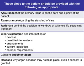 Those close to the patient should be provided with the following as appropriate: Assurance  that the primary focus is on the care and dignity of the patient Reassurance  regarding the standard of care Rationale  behind the decision to withdraw or withhold life-sustaining treatment  Clear explanation  and information on  process possible interventions arrangements current legislation coronial requirements Consent  documentation Reasons  why organ donation may not take place, even if consent is granted  