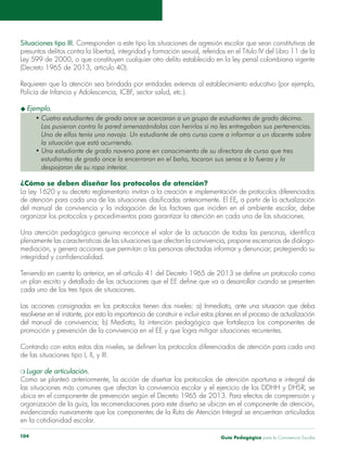 Guía Pedagógica para la Convivencia Escolar104
Situaciones tipo III. Corresponden a este tipo las situaciones de agresión escolar que sean constitutivas de
Ley 599 de 2000, o que constituyen cualquier otro delito establecido en la ley penal colombiana vigente
(Decreto 1965 de 2013, artículo 40).
Los pusieron contra la pared amenazándolos con herirlos si no les entregaban sus pertenencias.
Uno de ellos tenía una navaja. Un estudiante de otro curso corre a informar a un docente sobre
la situación que está ocurriendo.
despojaron de su ropa interior.
¿Cómo se deben diseñar los protocolos de atención?
organizar los protocolos y procedimientos para garantizar la atención en cada una de las situaciones.
cada uno de los tres tipos de situaciones.
Las acciones consignadas en los protocolos tienen dos niveles: a) Inmediato, ante una situación que deba
resolverse en el instante, por esto la importancia de construir e incluir estos planes en el proceso de actualización
promoción y prevención de la convivencia en el EE y que logra mitigar situaciones recurrentes.
de las situaciones tipo I, II, y III.
evidenciando nuevamente que los componentes de la Ruta de Atención Integral se encuentran articulados
en la cotidianidad escolar.
 