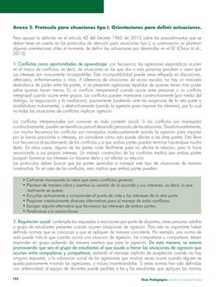 Guía Pedagógica para la Convivencia Escolar142
deben tener en cuenta en los protocolos de atención para situaciones tipo I, a continuación se plantean
2013).
evadiéndose mutuamente), o destructivamente (usando la agresión para imponer los intereses), por lo cual
realmente se quiere.
2. Regulación social: contempla las respuestas o reacciones por parte de docentes, otras personas adultas
responder en grupo pidiendo de manera asertiva que pare la agresión. De esta manera, se estaría
promoviendo que sea el grupo de estudiantes el que ayude a frenar las situaciones de agresión que
ocurren entre compañeras y compañeros
con anterioridad, el equipo de docentes puede pedirles a las y los estudiantes que apliquen las normas
 