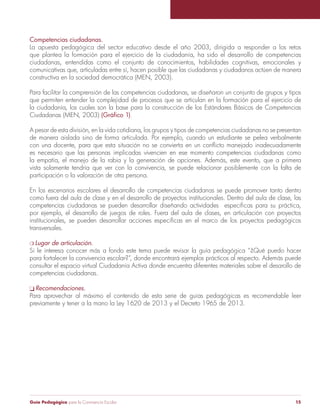 Guía Pedagógica para la Convivencia Escolar 15
Competencias ciudadanas.
La apuesta pedagógica del sector educativo desde el año 2003, dirigida a responder a los retos
que plantea la formación para el ejercicio de la ciudadanía, ha sido el desarrollo de competencias
ciudadanas, entendidas como el conjunto de conocimientos, habilidades cognitivas, emocionales y
comunicativas que, articuladas entre sí, hacen posible que las ciudadanas y ciudadanos actúen de manera
constructiva en la sociedad democrática (MEN, 2003).
Para facilitar la comprensión de las competencias ciudadanas, se diseñaron un conjunto de grupos y tipos
que permiten entender la complejidad de procesos que se articulan en la formación para el ejercicio de
la ciudadanía, los cuales son la base para la construcción de los Estándares Básicos de Competencias
Ciudadanas (MEN, 2003) .
A pesar de esta división, en la vida cotidiana, los grupos y tipos de competencias ciudadanas no se presentan
de manera aislada sino de forma articulada. Por ejemplo, cuando un estudiante se pelea verbalmente
es necesario que las personas implicadas vivencien en ese momento competencias ciudadanas como
la empatía, el manejo de la rabia y la generación de opciones. Además, este evento, que a primera
vista solamente tendría que ver con la convivencia, se puede relacionar posiblemente con la falta de
participación o la valoración de otra persona.
En los escenarios escolares el desarrollo de competencias ciudadanas se puede promover tanto dentro
como fuera del aula de clase y en el desarrollo de proyectos institucionales. Dentro del aula de clase, las
por ejemplo, el desarrollo de juegos de roles. Fuera del aula de clases, en articulación con proyectos
transversales.
Lugar de articulación.
Si le interesa conocer más a fondo este tema puede revisar la guía pedagógica “¿Qué puedo hacer
para fortalecer la convivencia escolar?”, donde encontrará ejemplos prácticos al respecto. Además puede
consultar el espacio virtual Ciudadanía Activa donde encuentra diferentes materiales sobre el desarollo de
competencias ciudadanas.
Recomendaciones.
previamente y tener a la mano la Ley 1620 de 2013 y el Decreto 1965 de 2013.
 
