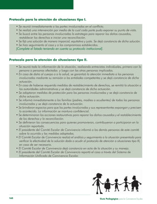 Guía Pedagógica para la Convivencia Escolar160
Protocolo para la atención de situaciones tipo I.
restablecer los derechos e iniciar una reconciliación.
Protocolo para la atención de situaciones tipo II.
persona o personas afectadas y luego con las otras personas implicadas.
involucradas mediante su remisión a las entidades competentes y se dejó constancia de dicha
actuación.
las autoridades administrativas y se dejó constancia de dicha actuación.
dicha actuación.
involucradas y se dejó constancia de la actuación.
lo acontecido. La información se mantuvo confidencial.
de los derechos y la reconciliación.
situación reportada.
sobre lo ocurrido y las medidas adoptadas.
en caso de ser necesario.
 