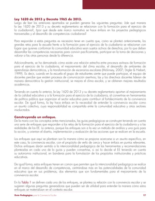 Guía Pedagógica para la Convivencia Escolar 17
Ley 1620 de 2013 y Decreto 1965 de 2013.
Luego de leer los anteriores apartados se pueden generar las siguientes preguntas: ¿de qué manera
la Ley 1620 de 2013 y su decreto reglamentario se relacionan con la formación para el ejercicio de
la ciudadanía?, ¿por qué desde este marco normativo se hace énfasis en los proyectos pedagógicos
transversales y el desarrollo de competencias ciudadanas?
Para responder a estas preguntas es necesario tener en cuenta que, como se planteó anteriormente, los
grandes retos para la escuela frente a la formación para el ejercicio de la ciudadanía se relacionan con
lograr que quienes conforman la comunidad educativa sean sujetos activos de derechos; por lo que deben
valorar a las otras personas desde la diferencia.
para el ejercicio de la ciudadanía, el mejoramiento del clima escolar, el desarrollo de ambientes de
aprendizaje democráticos, y la transformación de escenarios escolares (Mckinsey, 2007; Stigler & Hiebert,
1999). Es decir, cuando en la escuela el grupo de estudiantes siente que puede participar, el equipo de
manera democrática la gestión institucional; se mejora el clima escolar, y se obtienen mejores resultados
académicos.
Teniendo en cuenta lo anterior, la Ley 1620 de 2013 y su decreto reglamentario aportan al mejoramiento
de la calidad educativa y a la formación para el ejercicio de la ciudadanía, al convertirse en herramientas
de política pública que organizan el sector educativo para contribuir al fortalecimiento de la convivencia
escolar. De igual forma, la ley hace énfasis en la necesidad de entender la convivencia escolar como
un asunto colectivo, cuya responsabilidad es compartida entre la comunidad educativa y otros sectores
involucrados.
Construyendo un enfoque.
De la mano con los conceptos antes mencionados, las guías pedagógicas se construyen teniendo en cuenta
una serie de enfoques que responden a los retos de la formación para el ejercicio de la ciudadanía y a las
realidades de los EE. Lo anterior, porque los enfoques son a la vez un método de análisis y una guía para
la acción, y orientan el diseño, implementación y evaluación de las acciones que se realicen en la escuela.
este caso, la convivencia escolar, con el propósito de verlo de cerca y hacer énfasis en puntos relevantes.
Dichos enfoques darán sentido a la intencionalidad pedagógica de las herramientas y recomendaciones
planteadas en cada una de la guías y pueden convertirse, si así lo decide el EE teniendo en cuenta
su autonomía institucional, en banderas para la formulación de los propósitos institucionales y prácticas
educativas.
De igual forma, estos enfoques tienen en común que permiten que la intencionalidad pedagógica se realice
en el marco del desarrollo de competencias, centrándose más en las potencialidades de la comunidad
educativa que en sus problemas; dos elementos que son fundamentales para el mejoramiento de la
convivencia escolar.
En la Tabla 1
sugieren algunas preguntas generadoras que pueden ser de utilidad para entender la manera cómo estos
 
