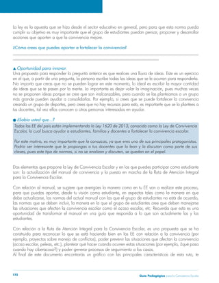 Guía Pedagógica para la Convivencia Escolar172
acciones que aporten a que la convivencia mejore.
¿Cómo crees que puedes aportar a fortalecer la convivencia?
______________________________________________________________________________________
____________________________________________________________________
Oportunidad para innovar.
Una propuesta para responder la pregunta anterior es que realices una lluvia de ideas. Este es un ejercicio
¿Sabía usted que…?
Dos elementos que propone la Ley de Convivencia Escolar y en los que puedes participar como estudiante
para la Convivencia Escolar.
oportunidad de transformar el manual en una guía que responda a lo que son actualmente las y los
estudiantes.
 