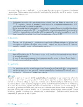 Guía Pedagógica para la Convivencia Escolar 173
y seguimiento. Conócelos y decide cómo puedes participar en las actividades que allí se realizan. Algunos
ejemplos de participación son:
En promoción.
En prevención.
En atención.
En seguimiento.
Ejemplo.
proyecto se centra en el trabajo en equipo por medio del cual se diseñan estrategias desde los espacios de
interesadas en participar de este proyecto.
 