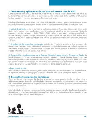Guía Pedagógica para la Convivencia Escolar 181
1. Conocimiento y aplicación de la Ley 1620 y el Decreto 1965 de 2013.
familias conozcan y cumplan sus responsabilidades en este tema.
1. Lectura de contexto: en los EE del país se realizan ejercicios continuos para conocer qué ocurre tanto
o grupos.
2. Actualización del manual de convivencia: en todos los EE del país se debe realizar un proceso de
3. Construcción e implementación de la Ruta de Atención Integral para la Convivencia Escola: la
Ley de Convivencia Escolar y su decreto reglamentario proponen la Ruta de Atención Integral como una
Lugar de articulación.
es importante leer la guía pedagógica construida sobre este tema y que forma parte de esta serie.
2. Desarrollo de competencias ciudadanas.
y valoren las diferencias.
se realiza en la práctica y a través del ejemplo.
 