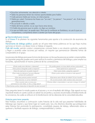 Guía Pedagógica para la Convivencia Escolar194
Oportunidad para innovar.
En el Anexo 9
diálogo:
Herramienta de diálogo público:
opiniones en tensión y se desee iniciar un trabajo al respecto.
Café del mundo:
comprenderla en el grupo.
Los procesos de diálogo promueven la toma de decisiones con las que las personas se sienten comprometidas.
¿Quién puede verse afectarse o interesarse? ¿Es posible generar acciones desde sectores involucrados?
¿Qué nuevas dudas y preguntas surgieron?
sectores de la población?
¿Quién podría sentirse incómodo en este espacio?
¿Qué otras posturas podrían tomarse?
¿Es económicamente viable mantener estas soluciones?
¿Qué necesitan estas acciones para ¿Quiénes deben comprometerse a qué para conseguir el cambio?
¿Qué factores podrían obstaculizar el desarrollo de estas acciones?
Estas preguntas tienen la mirada puesta en el proceso y no en el resultado del diálogo. Este aspecto es muy
importante tenerlo en cuenta cuando se valoren los encuentros y acciones encaminadas al fortalecimiento de
Historias para tener presente.
liderazgo que inspiran y que tienen lugar en nuestro país. Las y los directivos docentes que protagonizan
 
