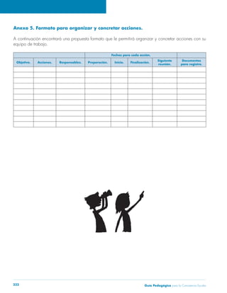 Guía Pedagógica para la Convivencia Escolar222
Anexo 5. Formato para organizar y concretar acciones.
A continuación encontrará una propuesta formato que le permitirá organizar y concretar acciones con su
equipo de trabajo.
Fechas para cada acción.
Objetivo. Acciones. Responsables. Preparación. Inicio. Finalización.
Siguiente
reunión.
Documentos
para registro.
 
