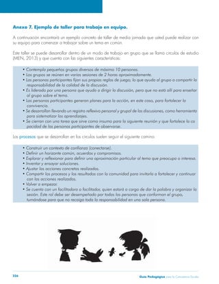 Guía Pedagógica para la Convivencia Escolar226
Anexo 7. Ejemplo de taller para trabajo en equipo.
A continuación encontrará un ejemplo concreto de taller de media jornada que usted puede realizar con
su equipo para comenzar a trabajar sobre un tema en común.
Este taller se puede desarrollar dentro de un modo de trabajo en grupo que se llama círculos de estudio
Los procesos que se desarrollan en los círculos suelen seguir el siguiente camino:
 