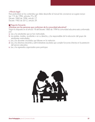 Guía Pedagógica para la Convivencia Escolar 27
Rincón legal.
Para profundizar en los contenidos que debe desarrollar el manual de convivencia se sugiere revisar:
Decreto 1965 de 2013, articulo 29.
Pregunta frecuente.
¿Quiénes son las personas que conforman de la comunidad educativa?
por:
a. Las y los estudiantes que se han matriculado.
b. Los padres, madres, acudientes o en su derecho, y los responsables de la educación del grupo de
estudiantes matriculados.
c. Las y los docentes vinculados que laboren en la institución.
d. Las y los directivos docentes y administradores escolares que cumplen funciones directas en la prestación
del servicio educativo.
e. Las y los egresados organizados para participar.
 