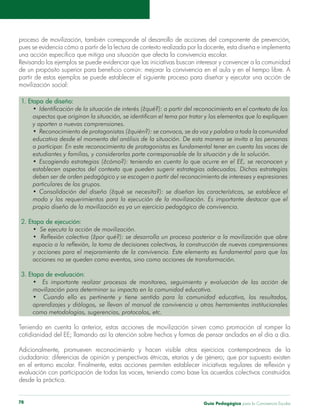 Guía Pedagógica para la Convivencia Escolar78
proceso de movilización, también corresponde al desarrollo de acciones del componente de prevención,
movilización social:
1. Etapa de diseño:
aspectos que originan la situación, se identifican el tema por tratar y los elementos que lo expliquen
y aporten a nuevas comprensiones.
educativa desde el momento del análisis de la situación. De esta manera se invita a las personas
a participar. En este reconocimiento de protagonistas es fundamental tener en cuenta las voces de
estudiantes y familias, y considerarlas parte corresponsable de la situación y de la solución.
establecen aspectos del contexto que pueden sugerir estrategias adecuadas. Dichas estrategias
deben ser de orden pedagógico y se escogen a partir del reconocimiento de intereses y expresiones
particulares de los grupos.
modo y los requerimientos para la ejecución de la movilización. Es importante destacar que el
2. Etapa de ejecución:
espacio a la reflexión, la toma de decisiones colectivas, la construcción de nuevas comprensiones
y acciones para el mejoramiento de la convivencia. Este elemento es fundamental para que las
acciones no se queden como eventos, sino como acciones de transformación.
3. Etapa de evaluación:
movilización para determinar su impacto en la comunidad educativa.
aprendizajes y diálogos, se llevan al manual de convivencia u otras herramientas institucionales
como metodologías, sugerencias, protocolos, etc.
Teniendo en cuenta lo anterior, estas acciones de movilización sirven como promoción al romper la
evaluación con participación de todas las voces, teniendo como base los acuerdos colectivos construidos
 