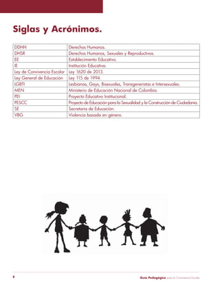 Guía Pedagógica para la Convivencia Escolar8
Siglas y Acrónimos.
DDHH Derechos Humanos.
DHSR Derechos Humanos, Sexuales y Reproductivos.
EE Establecimiento Educativo.
IE Institución Educativa.
Ley de Convivencia Escolar Ley 1620 de 2013.
Ley General de Educación Ley 115 de 1994.
LGBTI Lesbianas, Gays, Bisexuales, Transgeneristas e Intersexuales.
MEN Ministerio de Educación Nacional de Colombia.
PEI Proyecto Educativo Institucional.
PESCC Proyecto de Educación para la Sexualidad y la Construcción de Ciudadanía.
SE Secretaría de Educación.
VBG Violencia basada en género.
 