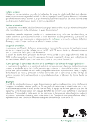 Guía Pedagógica para la Convivencia Escolar92
Factores sociales:
Factores económicos:
estas necesidades con ciertas actitudes en el grupo de estudiantes?
Anexo 4
de riesgo y protección que puede ser de utilidad para este proceso.
para la construcción de los protocolos de atención.
acciones necesitan de la participación de la comunidad educativa y el liderazgo del Comité Escolar de
Convivencia.
 