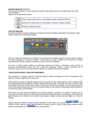 NUEVOS OBJETOS (SPRITES)
Cuando usted comienza un nuevo proyecto en Scratch, este siempre inicia con el Objeto Gato. Para crear
nuevos Objetos,
haga clic en los siguientes botones:


                    Pinte su propio disfraz para un nuevo Objeto usando el Editor de Pinturas

                    Seleccione un disfraz para un nuevo Objeto o importe un Objeto completo

                    Obtenga un Objeto sorpresa


LISTA DE OBJETOS
El Listado de Objetos muestra imágenes en miniatura de todos los Objetos disponibles en el proyecto. Cada
Objeto, muestra su nombre bajo la imagen.




Para ver y editar, los programas, los disfraces y los sonidos de los Objetos, haga clic sobre la imagen miniatura
del Objeto deseado, en la Lista de Objetos; o haga doble clic sobre el Objeto en el Escenario (el Objeto
seleccionado se resalta y aparece enmarcado en azul, en la Lista de Objetos).

Así como un Objeto puede modificar su apariencia cambiando de disfraz, el Escenario puede cambiar su
apariencia intercambiando fondos. Para ver y editar los programas, fondos y sonidos asociados con el
Escenario, haga clic en el ícono del Escenario ubicado a la izquierda de la Lista de Objetos.

PALETA DE BLOQUES Y ÁREA DE PROGRAMAS

Para programar un Objeto, arrastre los bloques desde la Paleta de Bloques al Área de Programas. Para
ejecutar un bloque haga doble clic sobre este.

Cree programas (scripts) encajando bloques para formar pilas con ellos. Haga doble clic sobre cualquier parte
de la pila para ejecutar el programa completo, desde arriba hasta abajo. Para saber qué hace un bloque, haga
clic derecho sobre este Cuando usted arrastra un bloque por el área de programas, una iluminación blanca le
indica dónde puede ubicarlo para formar una conexión válida con otro bloque. Usted puede insertar bloques en
la mitad de una pila o al final de esta.

Para mover una pila, haga clic sostenido en el bloque superior y arrástrela. Si arrastra un bloque que se
encuentra en la mitad de una pila, todos los bloques ubicados debajo de este lo acompañarán. Para copiar una
pila de bloques de un Objeto a otro, arrastre la pila hasta la imagen miniatura del otro Objeto en la Lista de
Objetos.


Algunos bloques contienen campos de texto editables en color blanco, por ejemplo                      . Para
cambiar el valor, haga clic dentro del área blanca y escriba en ella un número. Usted puede también insertar
bloques redondeados como                dentro de estas áreas.
 