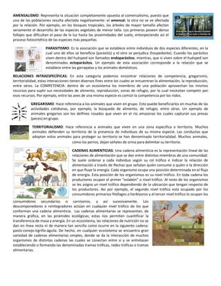 AMENSALISMO: Representa la situación completamente opuesta al comensalismo, puesto que
una de las poblaciones resulta afectada negativamente: el amensal; la otra no se ve afectada
por la relación. Por ejemplo, en los bosques tropicales, los árboles de mayor tamaño afectan
seriamente el desarrollo de las especies vegetales de menor talla. Los primeros poseen denso
follajes que dificultan el paso de la luz hasta las proximidades del suelo, entorpeciendo así el
proceso fotosintético de las especies más pequeñas.

                    PARASITISMO: Es la asociación que se establece entre individuos de dos especies diferentes, en la
                    cual uno de ellos se beneficia (parásito) y el otro se perjudica (hospedante). Cuando los parásitos
                    viven dentro del huésped son llamados endoparásitos; mientras, que si viven sobre el huésped son
                    denominados ectoparásitos. Un ejemplo de esta asociación corresponde a la relación que se
                    establece entre las garrapatas y los animales domésticos.

RELACIONES INTRAESPECÍFICAS: En esta categoría podemos encontrar relaciones de competencia, gregarismo,
territorialidad; estas interacciones tienen diversos fines entre los cuales se encuentran la alimentación, la reproducción,
entre otros. La COMPETENCIA: dentro de un ecosistema los miembros de una población aprovechan los mismos
recursos para suplir sus necesidades de alimento, reproducción, zonas de refugio, por lo cual necesitan competir por
esos recursos. Por ejemplo, entre las aves de una misma especie es común la competencia por los nidos.

           GREGARISMO: Hace referencia a los animales que viven en grupo. Esto puede beneficiarlos en muchas de las
           actividades cotidianas, por ejemplo, la búsqueda de alimento, de refugio, entre otras. Un ejemplo de
           animales gregarios son los delfines rosados que viven en el río amazonas los cuales capturan sus presas
           (peces) en grupo.

            TERRITORIALISMO: Hace referencia a animales que viven en una zona especifica o territorio. Muchos
            animales defienden su territorio de la presencia de individuos de su misma especie. Las conductas que
            adoptan estos animales para proteger su territorio se han denominado territorialidad. Muchos animales,
                                  como los perros, dejan señales de orina para delimitar su territorio.

                                     CADENAS ALIMENTICIAS: Una cadena alimenticia es la representación lineal de las
                                     relaciones de alimentación que se dan entre distintos miembros de una comunidad.
                                     Se suele ordenar a cada individuo según su rol trófico e indicar la relación de
                                     alimentación a través de flechas que señalan quién consume a quién o la dirección
                                     en que fluye la energía. Cada organismo ocupa una posición determinada en el flujo
                                     de energía. Esta posición de los organismos es su nivel trófico. En toda cadena los
                                     productores ocupan el primer “eslabón” o nivel trófico. Al resto de los organismos
                                     se les asigna un nivel trófico dependiendo de la ubicación que tengan respecto de
                                     los productores. Así por ejemplo, el segundo nivel trófico está ocupado por los
                                     consumidores primarios fitófagos o herbívoros y el tercer nivel trófico lo ocupan los
consumidores secundarios o carnívoros, y así sucesivamente. Los
descomponedores o reintegradores actúan en cualquier nivel trófico de los que
conforman una cadena alimenticia. Las cadenas alimentarias se representan, de
manera gráfica, en las pirámides ecológicas; estas nos permiten cuantificar la
transferencia de masa y energía. En un ecosistema, las relaciones de nutrición no se
dan en línea recta ni de manera tan sencilla como ocurre en la siguiente cadena:
pasto-conejo-tigrillo-águila. De hecho, en cualquier ecosistema se encuentra gran
variedad de cadenas alimentarias simples, donde se da la interacción de muchos
organismos de distintas cadenas las cuales se conectan entre si y se entrelazan
estableciendo o formando las denominadas tramas tróficas, redes tróficas o tramas
alimentarias.
 