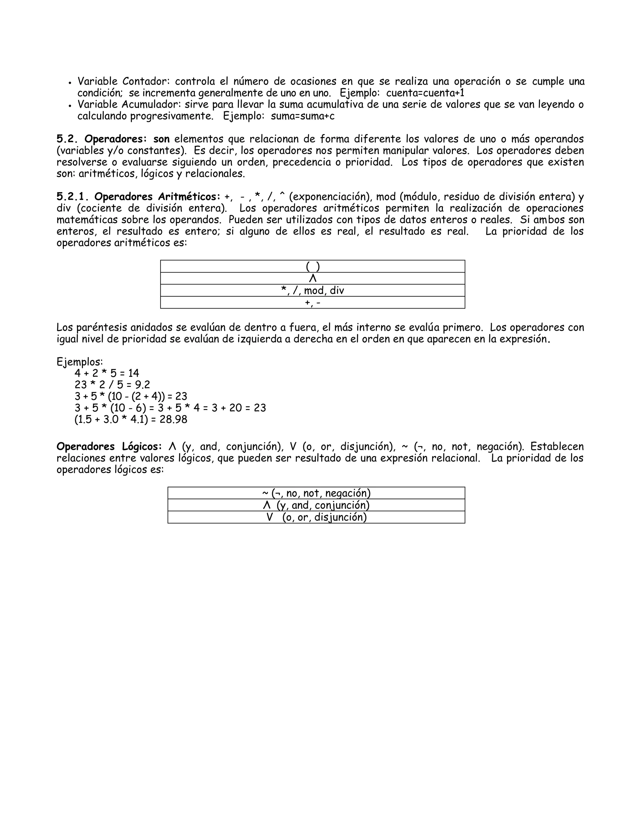    Variable Contador: controla el número de ocasiones en que se realiza una operación o se cumple una
      condición; se incrementa generalmente de uno en uno. Ejemplo: cuenta=cuenta+1
     Variable Acumulador: sirve para llevar la suma acumulativa de una serie de valores que se van leyendo o
      calculando progresivamente. Ejemplo: suma=suma+c

5.2. Operadores: son elementos que relacionan de forma diferente los valores de uno o más operandos
(variables y/o constantes). Es decir, los operadores nos permiten manipular valores. Los operadores deben
resolverse o evaluarse siguiendo un orden, precedencia o prioridad. Los tipos de operadores que existen
son: aritméticos, lógicos y relacionales.

5.2.1. Operadores Aritméticos: +, - , *, /, ^ (exponenciación), mod (módulo, residuo de división entera) y
div (cociente de división entera). Los operadores aritméticos permiten la realización de operaciones
matemáticas sobre los operandos. Pueden ser utilizados con tipos de datos enteros o reales. Si ambos son
enteros, el resultado es entero; si alguno de ellos es real, el resultado es real.   La prioridad de los
operadores aritméticos es:

                                                      ( )
                                                       Λ
                                                *, /, mod, div
                                                      +, -

Los paréntesis anidados se evalúan de dentro a fuera, el más interno se evalúa primero. Los operadores con
igual nivel de prioridad se evalúan de izquierda a derecha en el orden en que aparecen en la expresión .

Ejemplos:
   4 + 2 * 5 = 14
   23 * 2 / 5 = 9.2
   3 + 5 * (10 - (2 + 4)) = 23
   3 + 5 * (10 - 6) = 3 + 5 * 4 = 3 + 20 = 23
   (1.5 + 3.0 * 4.1) = 28.98

Operadores Lógicos: Λ (y, and, conjunción), V (o, or, disjunción), ~ (¬, no, not, negación). Establecen
relaciones entre valores lógicos, que pueden ser resultado de una expresión relacional. La prioridad de los
operadores lógicos es:

                                            ~ (¬, no, not, negación)
                                            Λ (y, and, conjunción)
                                             V (o, or, disjunción)
 