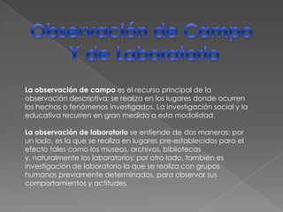 Observación de Campo Y de LaboratorioLa observación de campo es el recurso principal de la observación descriptiva; se realiza en los lugares donde ocurren los hechos o fenómenos investigados. La investigación social y la educativa recurren en gran medida a esta modalidad.La observación de laboratorio se entiende de dos maneras: por un lado, es la que se realiza en lugares pre-establecidos para el efecto tales como los museos, archivos, bibliotecas y, naturalmente los laboratorios; por otro lado, también es investigación de laboratorio la que se realiza con grupos humanos previamente determinados, para observar sus comportamientos y actitudes.