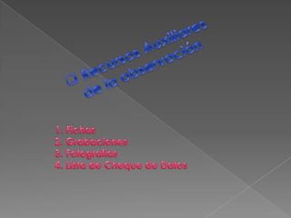  Recursos Auxiliares de la observación Fichas Grabaciones Fotografías Lista de Cheque de Datos 