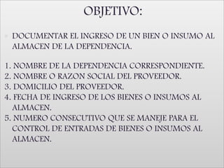 OBJETIVO: DOCUMENTAR EL INGRESO DE UN BIEN O INSUMO AL ALMACEN DE LA DEPENDENCIA. 1. NOMBRE DE LA DEPENDENCIA CORRESPONDIENTE. 2. NOMBRE O RAZON SOCIAL DEL PROVEEDOR. 3. DOMICILIO DEL PROVEEDOR. 4. FECHA DE INGRESO DE LOS BIENES O INSUMOS AL ALMACEN. 5. NUMERO CONSECUTIVO QUE SE MANEJE PARA EL CONTROL DE ENTRADAS DE BIENES O INSUMOS AL ALMACEN. 