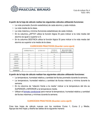 Guía de trabajo No 4
Valor: 40%
A partir de la hoja de cálculo realiza los siguientes cálculos utilizando funciones:
• La nota promedio (función estadística) de cada alumno y cada módulo.
• La nota media de la clase.
• La nota máxima y mínima (funciones estadísticas) de cada módulo.
• En la columna ¿APTO? utiliza la función lógica SI para indicar si la nota media del
alumno es igual o superior a 5.
• En la columna DESTACA utiliza la función lógica SI para indicar si la nota media del
alumno es superior a la media de la clase.
EJERCICIOS PRACTICOS (Guardar como ejer4)
A partir de la hoja de cálculo realizar los siguientes cálculos utilizando funciones:
• La temperatura, humedad relativa y cantidad de lluvias promedio durante la semana.
• La temperatura, humedad relativa y cantidad de lluvias máxima y mínima durante la
semana.
• En la columna de “relación frente a la media” indicar si la temperatura del día es
SUPERIOR o INFERIOR a la temperatura media.
• Utilizar el formato condicional para marcar la temperatura, humedad relativa y cantidad
de lluvias máximas y mínimas durante la semana.
EJERCICIOS PRACTICOS (Guardar como ejer5)
Crea tres hojas de cálculo nuevas con los nombres Curso 1, Curso 2 y Media.
Agrupa las tres hojas y diseña las tablas de la siguiente manera:
 
