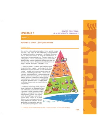 IMAGEN CORPORAL:
UNIDAD 1                                                   LA ALIMENTACIÓN SALUDABLE

 Sesión 1

Aprender a comer. Corresponsabilidad

PIRÁMIDE NAOS

“Los cambios en los estilos alimentarios, el menor gasto de energía
asociado a unos estilos de vida sedentarios y el envejecimiento
de la población, unidos al tabaquismo y al consumo de alcohol,
son los principales factores de riesgo de enfermedades no
transmisibles y constituyen un reto cada vez mayor para la
salud pública”... “en las comunidades o países donde se han
llevado a cabo intervenciones generalizadas integradas, se
han observado enorme disminuciones de los factores de
riesgo”. (Informe técnico 916. OMS/FAO, 2003).

La evidencia científica actual nos viene a demostrar que
el ejercicio físico regular y la alta ingesta de fibra
disminuyen el riesgo de obesidad, así como el ambiente
escolar y familiar favorecedores de elecciones ali-
mentarias saludables para los niños y niñas. Por el
contrario, el sedentarismo, el consumo elevado de
alimentos altamente energéticos, la ingesta de
bebidas gaseosas azucaradas y zumos de frutas
edulcorados con azúcar, así como la publicidad
agresiva de alimentos densos y comida rápida,
condicionan el aumento de peso y la tendencia
a la obesidad.

La finalidad de la Estrategia NAOS, propuesta
desde el Ministerio de Sanidad y Consumo
es la de fomentar una alimentación saludable
y promover actividad física para evitar el
sobrepeso, y así poder disminuir las
enfermedades crónicas relacionadas
con la obesidad. La pirámide de la es-
trategia NAOS traduce las recomen-
daciones nutricionales y de ejercicio
físico en forma de símbolos visuales
que facilitan su interpretación, tanto para
los niños y niñas coomo por los aultos.

La Estrategia NAOS está disponible en: http:// www.aesan.msc.es/aesa/web/AESA.jsp
                                                                                    129
 