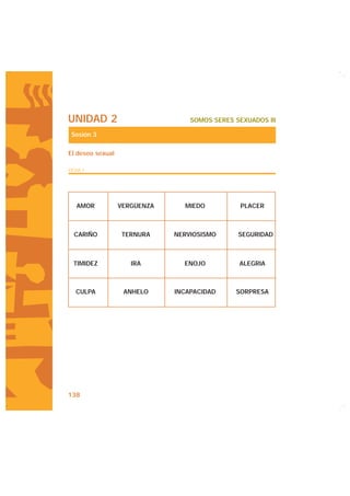 UNIDAD 2                          SOMOS SERES SEXUADOS III

 Sesión 3

El deseo sexual

FICHA 1




   AMOR           VERGÜENZA     MIEDO           PLACER



  CARIÑO          TERNURA     NERVIOSISMO      SEGURIDAD



  TIMIDEZ            IRA        ENOJO          ALEGRIA



   CULPA           ANHELO     INCAPACIDAD     SORPRESA




138
 