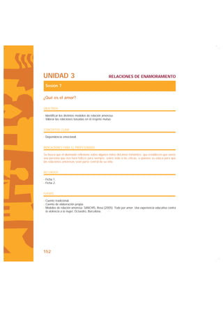 UNIDAD 3                                            RELACIONES DE ENAMORAMIENTO

 Sesión 7

¿Qué es el amor?

OBJETIVOS

· Identificar los distintos modelos de relación amorosa.
· Valorar las relaciones basadas en el respeto mutuo.


CONCEPTOS CLAVE

· Dependencia emocional.


INDICACIONES PARA EL PROFESORADO

Se busca que el alumnado reflexione sobre algunos mitos del amor romántico, que establecen que existe
una persona que nos hará felices para siempre, sobre todo a las chicas, a quienes se educa para que
las relaciones amorosas sean parte central de su vida.


RECURSOS

· Ficha 1.
· Ficha 2.


FUENTE

· Cuento tradicional.
· Cuento de elaboración propia.
· Modelos de relación amorosa: SANCHÍS, Rosa (2005): Todo por amor. Una experiencia educativa contra
  la violencia a la mujer, Octaedro, Barcelona.




152
 