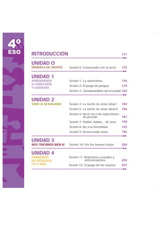 4º
ESO   INTRODUCCIÓN                                                 171


      UNIDAD O
      DINÁMICA DE GRUPOS     Sesión 0: Conociendo con el tacto     175


      UNIDAD 1
      APRENDIENDO            Sesión 1: La autoestima               176
      A CONOCERSE
                             Sesión 2: El juego de piropos         179
      Y QUERERSE
                             Sesión 3: Comunicándose con el cuerpo 182


      UNIDAD 2
      VIVIR LA SEXUALIDAD    Sesión 4: La noche de amor ideal I    184
                             Sesión 5: La noche de amor ideal II   186
                             Sesión 6: Decir no a las expresiones
                                       de presión                 187
                             Sesión 7: Hablar, hablar... de sexo   190
                             Sesión 8: No a la homofobia           193
                             Sesión 9: Desterrando mitos           196


      UNIDAD 3
      NOS TRATAMOS BIEN IV   Sesión 10: Por los buenos tratos      200


      UNIDAD 4
      EMBARAZOS              Sesión 11: Relaciones sexuales y
      NO DESEADOS,                      anticonceptivos            204
      ITS Y SIDA             Sesión 12: El juego de las tarjetas   207
 