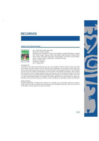 RECURSOS


QUIERO SER COMO BECKHAM

                    Año: 2002 (Reino Unido, Alemania).
                    Dirección: Gurinder Chadha.
                    Interpretación: Parminder K. Nagra, Keira Knightley, Jonathan Rhys-Meyers, Anupam
                    Kher, Archie Panjabi, Shaznay Lewis, Frank Harper, Juliet Stevenson, Shaheen Khan,
                    Ameet Chana, Pooja Shah, Paven Virk, Preeya Kalidas, Trey Farley, Saraj Chaudhry.
                    Guión: Gurinder Chadha, Guljit Bindra, Paul Mayeda Berges.
                    Música: Craig Pruess.
                    Fotografía: Jong Lin.
                    Distr.: Manga Films.
ARGUMENTO:
Jesminder es una chica de dieciocho años que vive con su familia en el West London, el barrio más hindú
de la ciudad. Sus padres quieren que sea educada y aleccionada para ser la perfecta esposa india, pero
ella no tiene tiempo para pensar en estas cosas porque sólo le interesa jugar al fútbol con sus amistades
y besar la foto de su ídolo, David Beckham. Un día, mientras está jugando en el parque, Jules se fija en
ella y la invita a unirse al equipo femenino local, entrenado por Joe. A Jesminder le surgen de la noche
a la mañana una serie de oportunidades y problemas que tambalearán su pequeño mundo. Tiene ante
sus ojos la oportunidad de llevar a su equipo a las finales y disfrutar con lo que realmente le gusta y se
le da bien, pero para ello tendrá que convencer a toda su familia y a la comunidad, aunque sea mintiendo.

INDICACIONES:
Al igual que Billy Elliot, Jesminder debe enfrentarse a su familia y a su comunidad cuando no se ajusta a
lo que esperan de ella. Es también una película para todos los públicos que pone sobre la mesa roles y
estereotipos sexistas vigentes en nuestra sociedad.




                                                                                                    211
 
