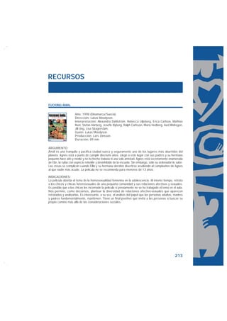 RECURSOS


FUCKING AMAL

                    Año: 1998 (Dinamarca/Suecia).
                    Dirección: Lukas Moodyson.
                    Interpretación: Alexandra Dahlström, Rebecca Liljeberg, Erica Carlson, Mathias
                    Rust, Stefan Hörberg, Josefin Nyberg, Ralph Carlsson, Maria Hedborg, Axel Widregen,
                    Jill Ung, Lisa Skagerstam.
                    Guión: Lukas Moodyson.
                    Producción: Lars Jönsson.
                    Duración: 89 min.

ARGUMENTO:
Åmål es una tranquila y pacífica ciudad sueca y seguramente uno de los lugares más aburridos del
planeta. Agnes está a punto de cumplir dieciséis años. Llegó a este lugar con sus padres y su hermano
pequeño hace año y medio y no ha hecho todavía ni una sola amistad. Agnes está secretamente enamorada
de Elin, la rubia con aspecto rebelde y desinhibido de la escuela. Sin embargo, sólo su ordenador lo sabe.
Las cosas se complican cuando Ellin y su hermana deciden divertirse acudiendo al cumpleaños de Agnes
al que nadie más acude. La película no se recomienda para menores de 13 años.

INDICACIONES:
La película aborda el tema de la homosexualidad femenina en la adolescencia. Al mismo tiempo, retrata
a los chicos y chicas heterosexuales de una pequeña comunidad y sus relaciones afectivas y sexuales.
Es posible que a las chicas les incomode la película si previamente no se ha trabajado el tema en el aula.
Nos permite, como decíamos, plantear la diversidad de relaciones afectivo-sexuales que aparecen
retratadas y analizarlas. Es interesante, a su vez, el análisis del papel que las personas adultas, madres
y padres fundamentalmente, mantienen. Tiene un final positivo que invita a las personas a buscar su
propio camino más allá de las consideraciones sociales.




                                                                                                   213
 