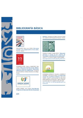 BIBLIOGRAFÍA BÁSICA


                                                      Asturias, Consejería de Salud y Servicios Sanita-
                                                      rios, Gobierno del Principado de Asturias, Oviedo.




DÍAZ-AGUADO, María José (2006): Del acoso
escolar a la cooperación en las aulas ,
Pearson, Madrid.

                                                      GONZÁLEZ SUÁREZ, Amalia (2007): “Educación
                                                      afectiva y sexual en los centros de
                                                      Secundaria: consentimiento y coeducación”,
                                                      Labrys nº 10. Dossier España. Revista digital.
                                                      www.mujeresenred.net/article.php3?id_article=877




FERNÁNDEZ-PEÑA, Liliana y SAMPEDRO, Pilar
(2003): Educación afectivo-sexual. Adoles-
cencia y violencia de género. Materiales
didácticos para al coeducación, Consejería
de la Presidencia, Instituto Asturiano de la Mujer,
Oviedo.
                                                      HERNÁNDEZ MORALES, Graciela y JARAMILLO
                                                      GUIJARRO, Concepción (2003): La educación
                                                      sexual de la primera infancia , Guía para
                                                      madres, padres y profesorado de Educación
                                                      Infantil, Ministerio de Educación, Cultura y Deporte.
                                                      Se puede bajar de la siguiente dirección web:
                                                      http://www.mec.es/cide/jsp/plantilla.jsp?id=pu
                                                      bmdsexual



GÓMEZ ZAPIAÍN, Javier (2004): Ente Mocedá,
Programa de Educación Afectivo-Sexual para


224
 