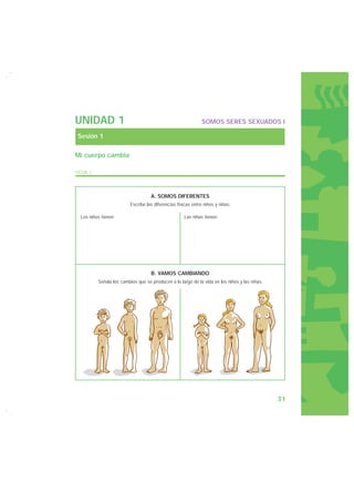 UNIDAD 1                                                       SOMOS SERES SEXUADOS I

Sesión 1

Mi cuerpo cambia

FICHA 1



                                    A. SOMOS DIFERENTES
                          Escribe las diferencias físicas entre niños y niñas:

  Los niños tienen:                                  Las niñas tienen:




                                    B. VAMOS CAMBIANDO
          Señala los cambios que se producen a lo largo de la vida en los niños y las niñas:




                                                                                               31
 