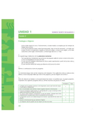 UNIDAD 1                                                            SOMOS SERES SEXUADOS I

 Sesión 3

Fisiología e Higiene

     de los óvulos dejan de crecer. Posteriormente, el óvulo maduro se desplaza por las trompas de
     Falopio hacia el útero.
   · Si no hay fecundación (unión ovulo-espermatozoide), baja el nivel de hormonas, y el tejido que
     recubre el útero se desprende y expulsa en forma de sangre, a través de la vagina, y es lo que
     conocemos como regla o menstruación. La hemorragia dura de 2 a 7 días.

3.
En segundo lugar, hablaremos de las poluciones nocturnas:
     Son eyaculaciones involuntarias que provocan una pequeña salida de semen a través de la uretra,
     a veces acompañado de un poco de orina.
     Es una reacción fisiológica natural que los chicos suelen experimentar a partir de los doce años y
     que no debe preocupar.
     Es una reacción natural del cuerpo para liberarse del exceso de semen.

4.
Abrimos a continuación un turno de preguntas.

5.
Les mostramos luego cómo son las compresas y los tampones. Y les explicamos cómo se colocan estos
últimos a través del propio folleto que viene en los paquetes y de las imágenes de la ficha 1:

6.
Antes de colocarse un tampón, es necesario lavarse las manos. Les pedimos que, en grupos pequeños,
respondan a las siguientes preguntas (ficha 2). Al final, hacemos una puesta en común.

                                                                                          Verdadero   Falso
  La higiene de los genitales externos es tan importante como la del resto del cuerpo.
  El aseo diario es fundamental.                                                             X
  No es recomendable tomar duchas o baños regulares durante la menstruación.                           X
  El exceso de limpieza vaginal puede ser contraproducente, ya que se destruye la flora      X
  vaginal aumentando los riesgos de infección.
  Los chicos deben limpiarse atentamente la zona del glande, echando hacia atrás
  completamente el prepucio para evitar la acumulación de secreciones.                       X
  Es importante secarse con cuidado después de la ducha, especialmente las zonas con
  pliegues.                                                                                  X
  Durante la menstruación hay que aumentar la higiene.                                       X
  Los tampones sólo los pueden usar las mujeres de más de 20 años.                                     X


40
 